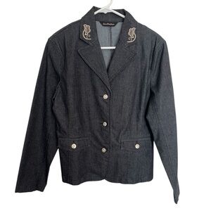 Simon Chang Embroidered Black Denim Blazer Jacket Size 8